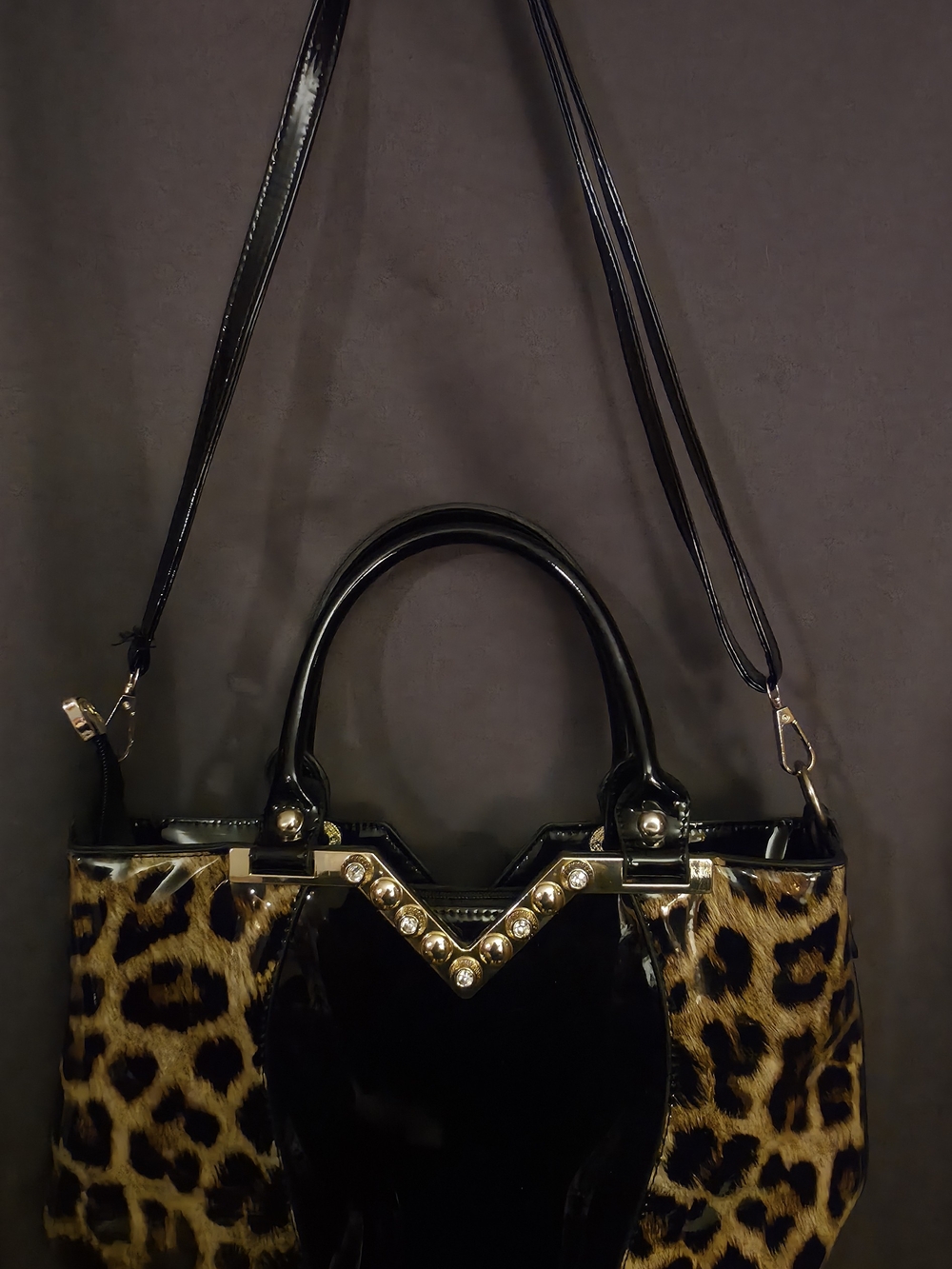 Leopard Print Glossy Black Satchel Rhinestone Trim & Shoulder Strap